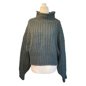 H&M Chunky Knit Sweater Green Ribbed Wool Mock Neck Long Sleeve Cropped M